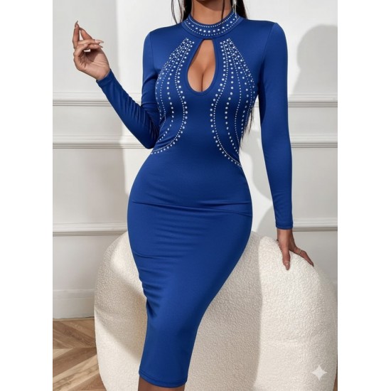 Kadın Uzun Kollu Balıkçı Yaka Taşlı Damla Detay Midi Ithal Krep Elbise , 30743