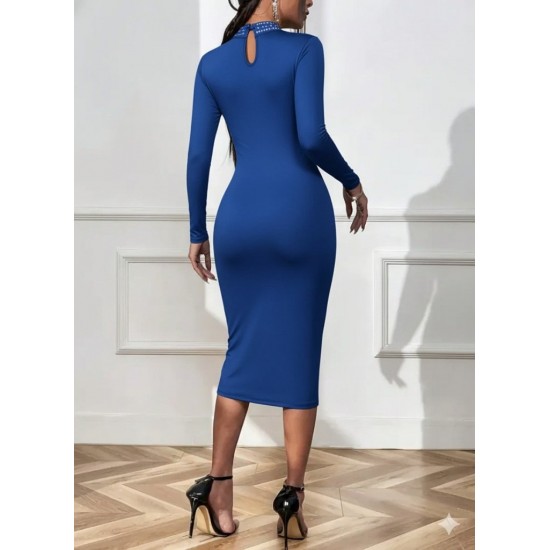 Kadın Uzun Kollu Balıkçı Yaka Taşlı Damla Detay Midi Ithal Krep Elbise , 30743