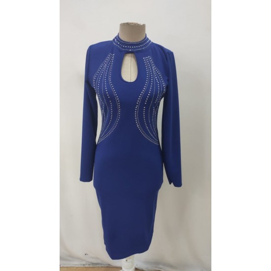 Kadın Uzun Kollu Balıkçı Yaka Taşlı Damla Detay Midi Ithal Krep Elbise , 30743