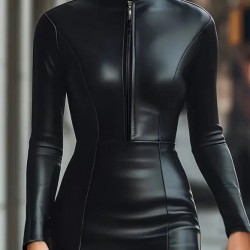 Kadın Uzun Kollu Yakalı Fermuarlı Mini Deri Elbise , 30763