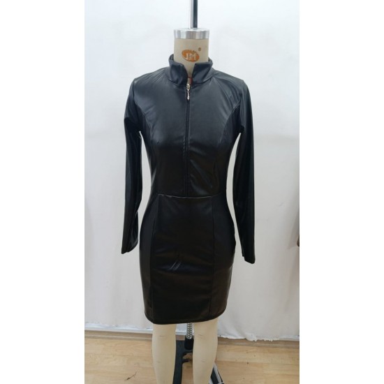 Kadın Uzun Kollu Yakalı Fermuarlı Mini Deri Elbise , 30763 Kadın Uzun Kollu Yakalı Fermuarlı Mini Deri Elbise , 30763