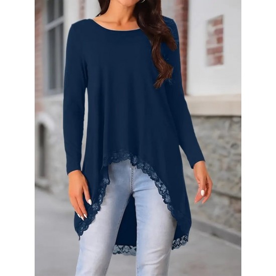 Kadın Uzun Kollu Bisiklet Yaka Asimetrik Kesim Detaylı Dantelli Viskon Bluz, 30762
