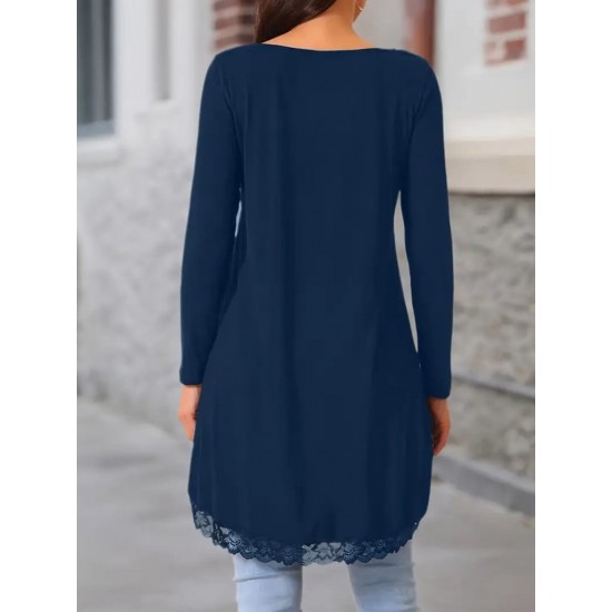 Kadın Uzun Kollu Bisiklet Yaka Asimetrik Kesim Detaylı Dantelli Viskon Bluz, 30762