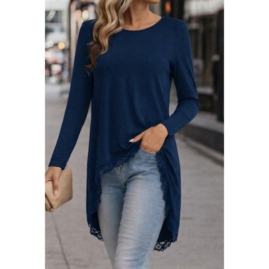 Kadın Uzun Kollu Bisiklet Yaka Asimetrik Kesim Detaylı Dantelli Viskon Bluz, 30762