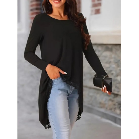 Kadın Uzun Kollu Bisiklet Yaka Asimetrik Kesim Detaylı Dantelli Viskon Bluz, 30761