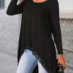 Kadın Uzun Kollu Bisiklet Yaka Asimetrik Kesim Detaylı Dantelli Viskon Bluz, 30761