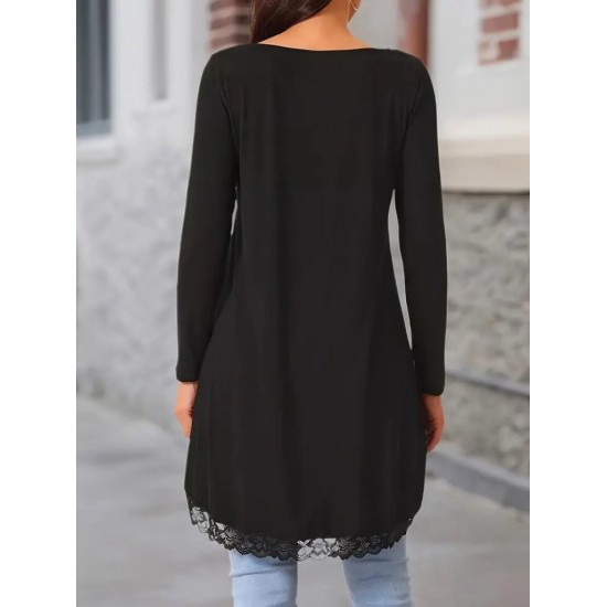 Kadın Uzun Kollu Bisiklet Yaka Asimetrik Kesim Detaylı Dantelli Viskon Bluz, 30761