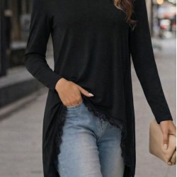 Kadın Uzun Kollu Bisiklet Yaka Asimetrik Kesim Detaylı Dantelli Viskon Bluz, 30761