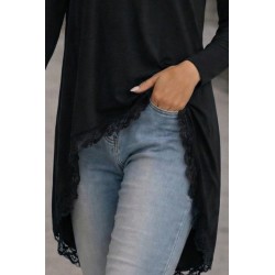 Kadın Uzun Kollu Bisiklet Yaka Asimetrik Kesim Detaylı Dantelli Viskon Bluz, 30761