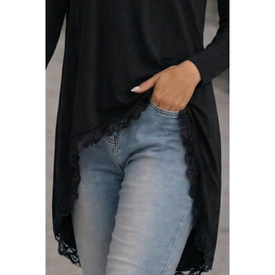 Kadın Uzun Kollu Bisiklet Yaka Asimetrik Kesim Detaylı Dantelli Viskon Bluz, 30761