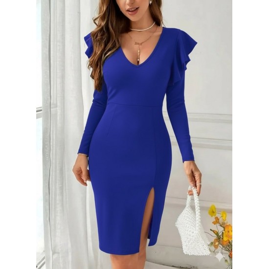 Kadın Uzun Kollu V Yakalı Yandan Yırtmaçlı Midi Ithal Krep Elbise, 30760