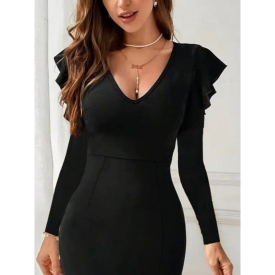 Kadın Uzun Kollu V Yakalı Yandan Yırtmaçlı Midi Ithal Krep Elbise , 30758