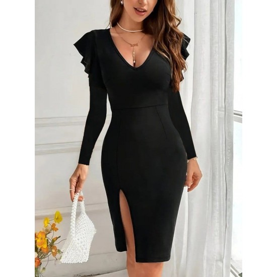 Kadın Uzun Kollu V Yakalı Yandan Yırtmaçlı Midi Ithal Krep Elbise , 30758