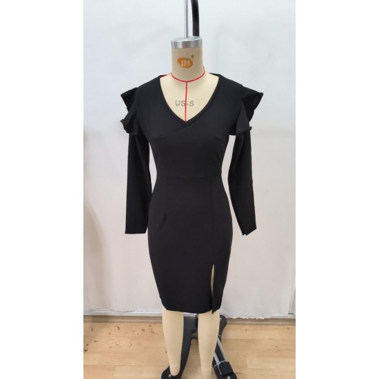 Kadın Uzun Kollu V Yakalı Yandan Yırtmaçlı Midi Ithal Krep Elbise , 30758