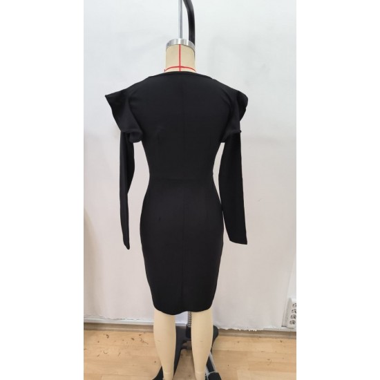 Kadın Uzun Kollu V Yakalı Yandan Yırtmaçlı Midi Ithal Krep Elbise , 30758