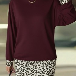 Kadın Uzun Kollu Bisiklet Yaka üst Viskon Iki Iplik Alt Leopar Desenli Mini Elbise, 30771