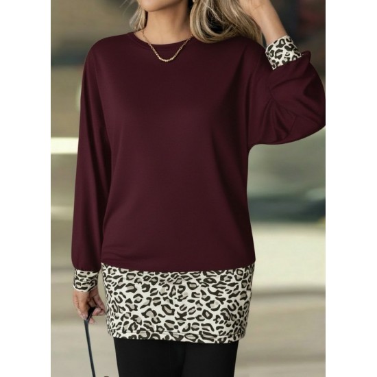 Kadın Uzun Kollu Bisiklet Yaka üst Viskon Iki Iplik Alt Leopar Desenli Mini Elbise, 30771