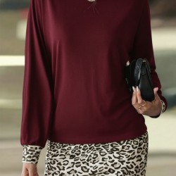 Kadın Uzun Kollu Bisiklet Yaka üst Viskon Iki Iplik Alt Leopar Desenli Mini Elbise, 30771