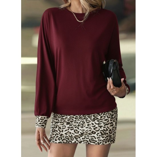 Kadın Uzun Kollu Bisiklet Yaka üst Viskon Iki Iplik Alt Leopar Desenli Mini Elbise, 30771