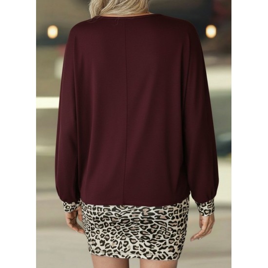 Kadın Uzun Kollu Bisiklet Yaka üst Viskon Iki Iplik Alt Leopar Desenli Mini Elbise, 30771