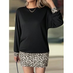 Kadın Uzun Kollu Bisiklet Yaka üst Viskon Iki Iplik Alt Leopar Desenli Mini Elbise , 30770