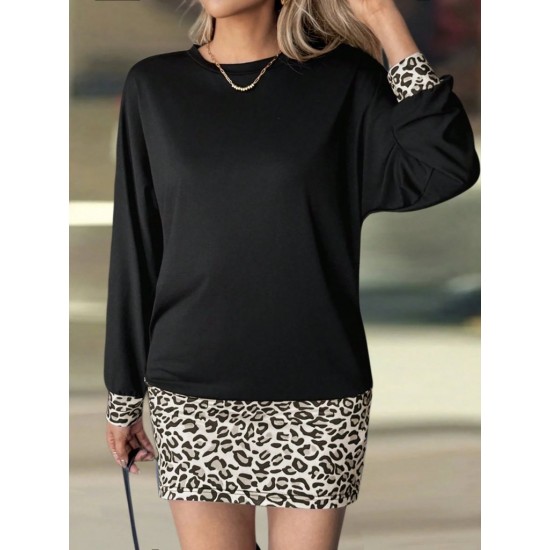 Kadın Uzun Kollu Bisiklet Yaka üst Viskon Iki Iplik Alt Leopar Desenli Mini Elbise , 30770