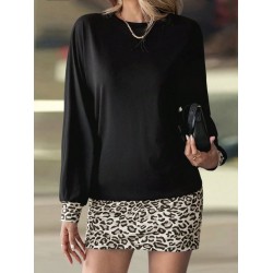 Kadın Uzun Kollu Bisiklet Yaka üst Viskon Iki Iplik Alt Leopar Desenli Mini Elbise , 30770