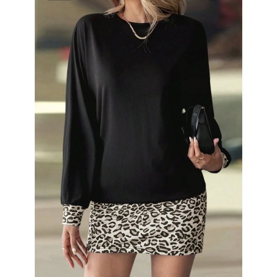 Kadın Uzun Kollu Bisiklet Yaka üst Viskon Iki Iplik Alt Leopar Desenli Mini Elbise , 30770