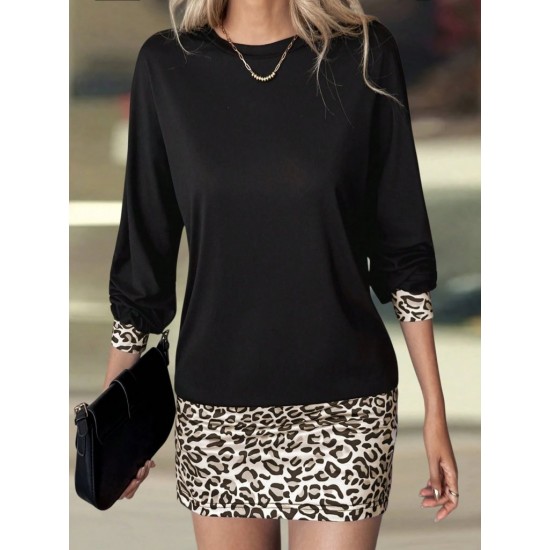 Kadın Uzun Kollu Bisiklet Yaka üst Viskon Iki Iplik Alt Leopar Desenli Mini Elbise , 30770