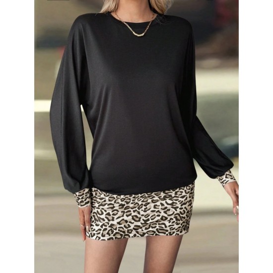 Kadın Uzun Kollu Bisiklet Yaka üst Viskon Iki Iplik Alt Leopar Desenli Mini Elbise , 30770