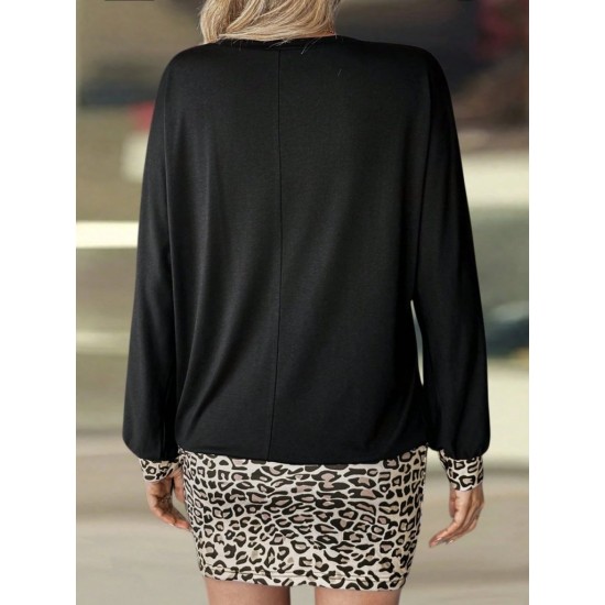 Kadın Uzun Kollu Bisiklet Yaka üst Viskon Iki Iplik Alt Leopar Desenli Mini Elbise , 30770