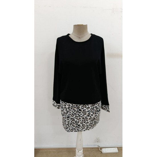 Kadın Uzun Kollu Bisiklet Yaka üst Viskon Iki Iplik Alt Leopar Desenli Mini Elbise , 30770