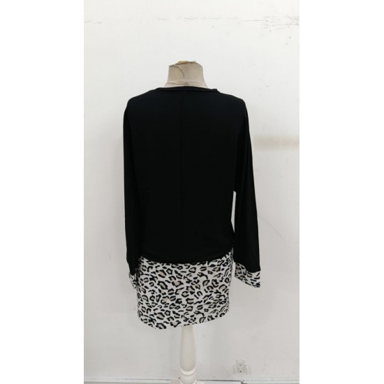 Kadın Uzun Kollu Bisiklet Yaka üst Viskon Iki Iplik Alt Leopar Desenli Mini Elbise , 30770