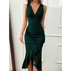 Kadın Askılı Kruvaze Yakalı önden Fırfırlı Uzun Ithal Krep Elbise, 30769