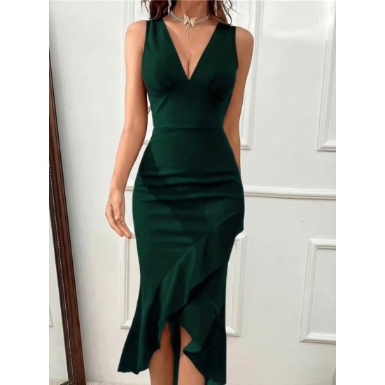 Kadın Askılı Kruvaze Yakalı önden Fırfırlı Uzun Ithal Krep Elbise, 30769