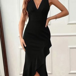 Kadın Askılı Kruvaze Yakalı önden Fırfırlı Uzun Ithal Krep Elbise, 30768