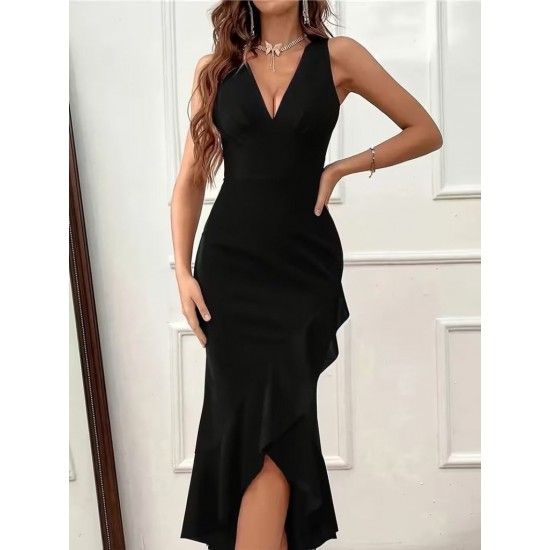 Kadın Askılı Kruvaze Yakalı önden Fırfırlı Uzun Ithal Krep Elbise, 30768