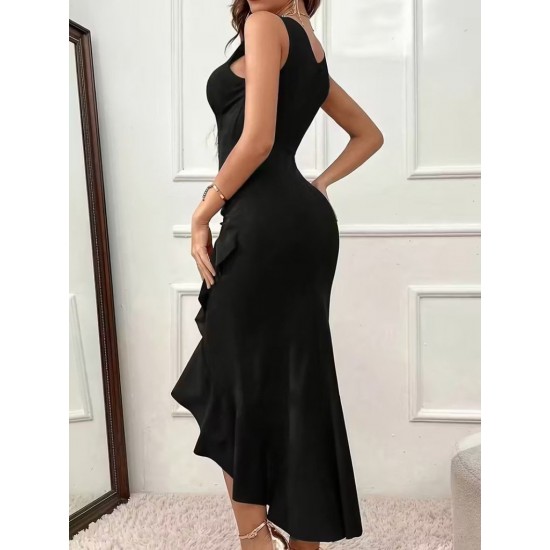 Kadın Askılı Kruvaze Yakalı önden Fırfırlı Uzun Ithal Krep Elbise, 30768