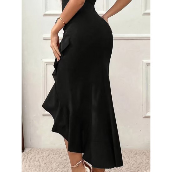 Kadın Askılı Kruvaze Yakalı önden Fırfırlı Uzun Ithal Krep Elbise, 30768