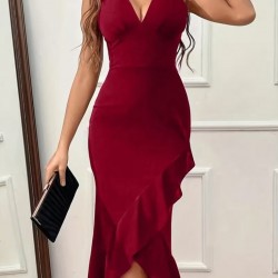 Kadın Askılı Kruvaze Yakalı önden Fırfırlı Uzun Ithal Krep Elbise, 30767