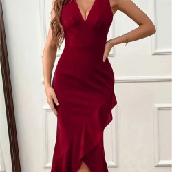 Kadın Askılı Kruvaze Yakalı önden Fırfırlı Uzun Ithal Krep Elbise, 30767 Kadın Askılı Kruvaze Yakalı önden Fırfırlı Uzun Ithal Krep Elbise, 30767