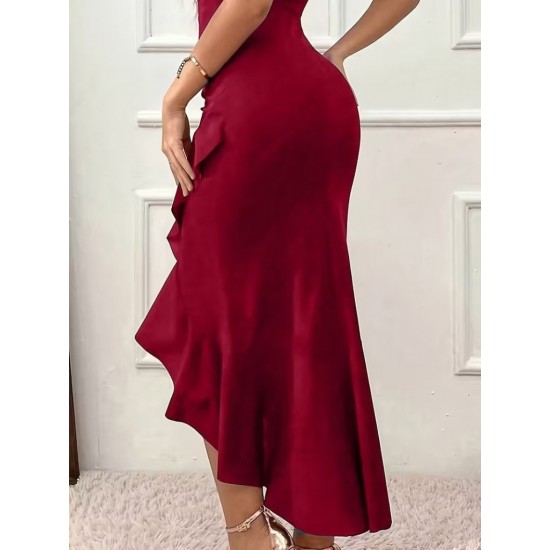 Kadın Askılı Kruvaze Yakalı önden Fırfırlı Uzun Ithal Krep Elbise, 30767