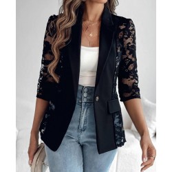 Women' S Long-sleeved, Three-quarter Sleeve, Button-front, Pocketed, Lace-trimmed Satin Jacket , 29840