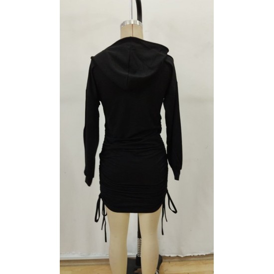 Kadın Uzun Kollu Kapşonlu Yandan Büzgülü Mini Viskon Iki Iplik Elbise , 30776