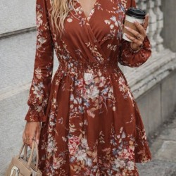 Kadın Uzun Kollu Kruvaze Yakalı çiçek Desenli Mini Süprem Elbise , 30775