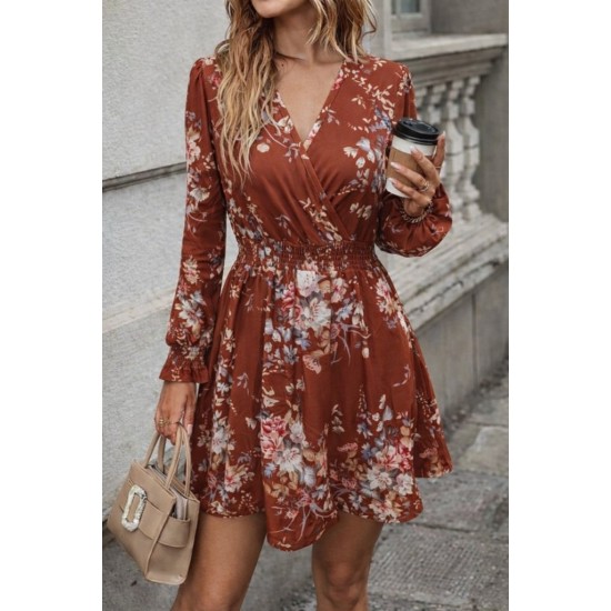 Kadın Uzun Kollu Kruvaze Yakalı çiçek Desenli Mini Süprem Elbise , 30775