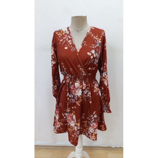 Kadın Uzun Kollu Kruvaze Yakalı çiçek Desenli Mini Süprem Elbise , 30775