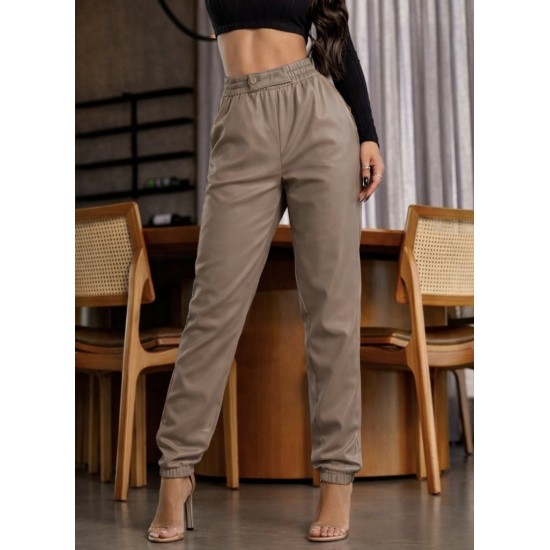 Kadın Yüksek Bel Lastikli önü Düğmeli Deri Pantolon , 30812