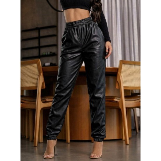 Kadın Yüksek Bel Lastikli önü Düğmeli Deri Pantolon , 30811