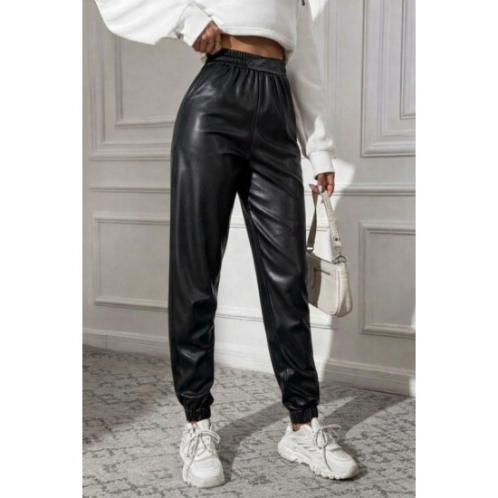 Kadın Yüksek Bel Lastikli önü Düğmeli Deri Pantolon , 30811